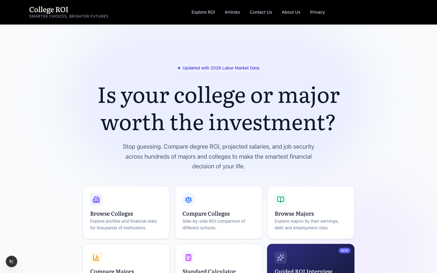 Figure 1. The collegeroi.org landing page. Six entry points cover the two calculators, two browse views, and two compare views.