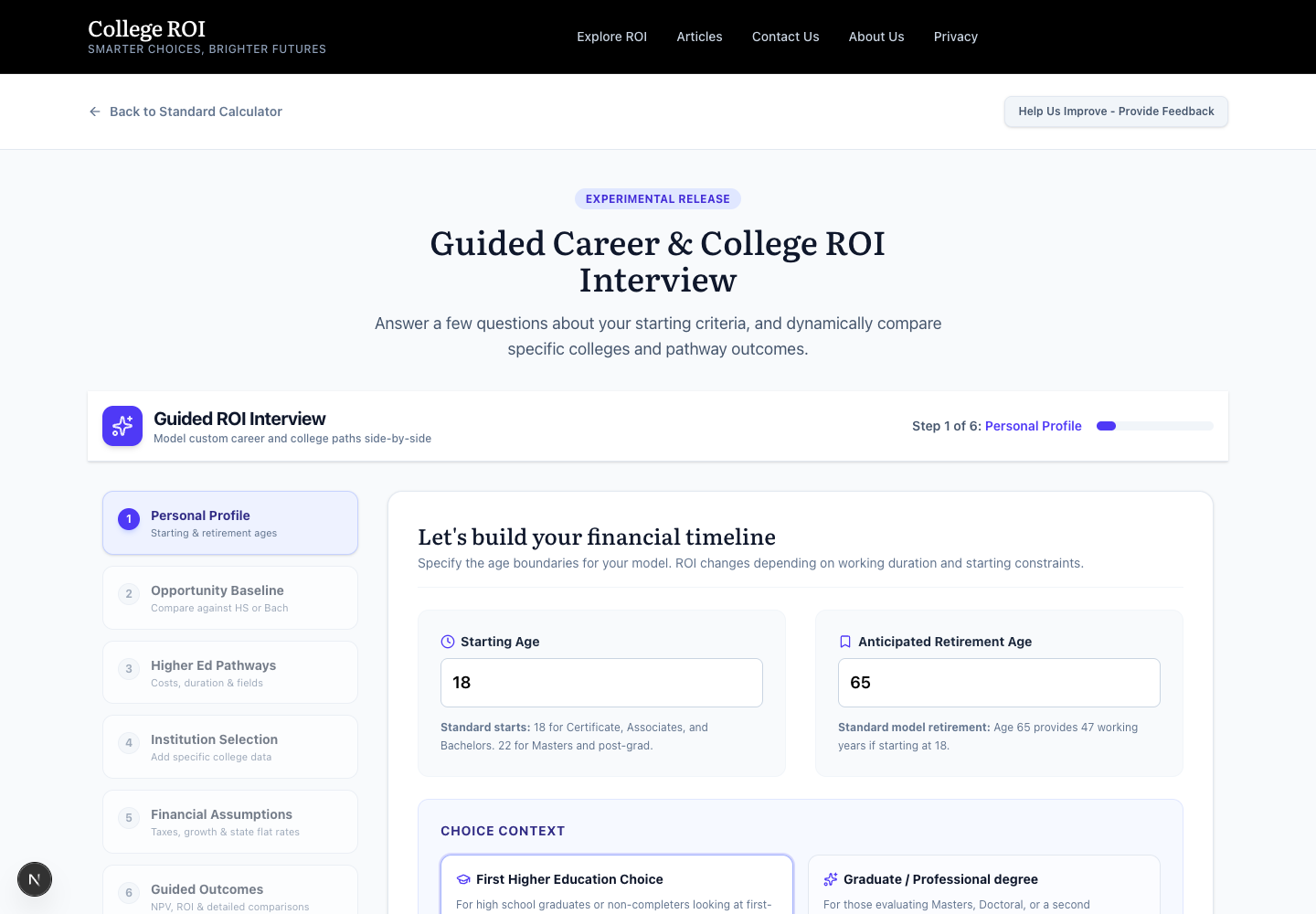 Figure 3. The Guided Interview opens with the Personal Profile step. The six-step progress map runs down the left side throughout.