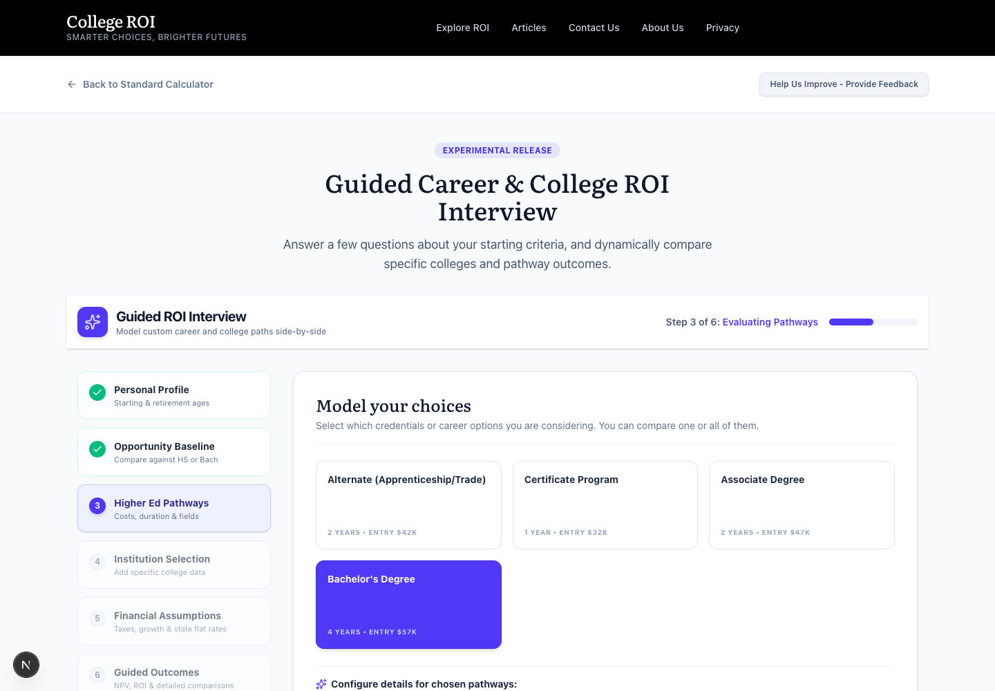 Figure 5. Each selected credential opens a configuration card. The major search auto-fills a national starting salary for the field, which you can override.