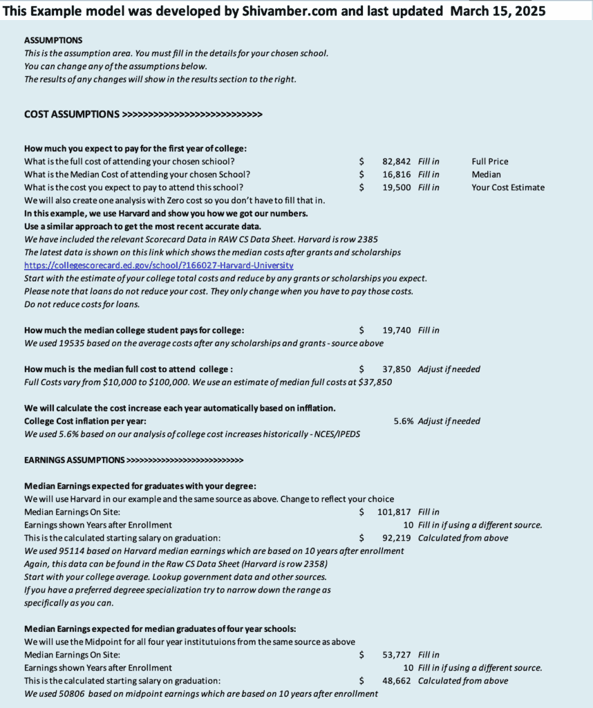 College ROI model spreadsheet assumptions part one